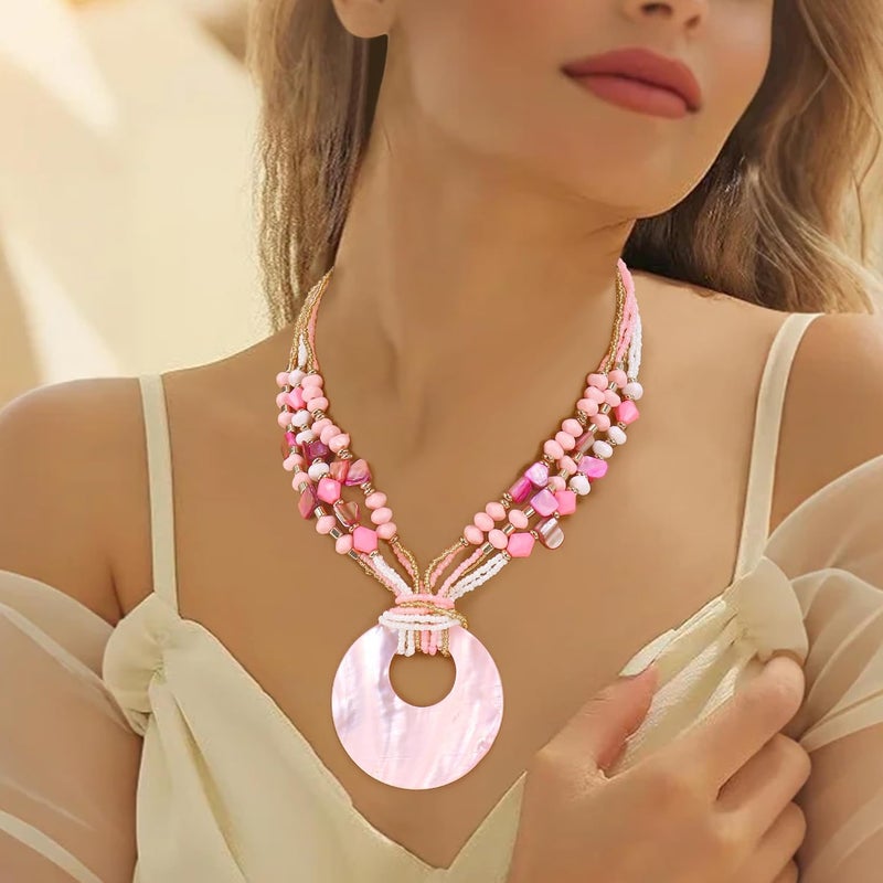 Coiris Shell Pendant Statement Strand Necklace for Women Boho Multi Beads Natural Stone Colorful Necklace Bohemian Handmade Chunky Shell Beaded Collar Jewelry for Women - Image 3